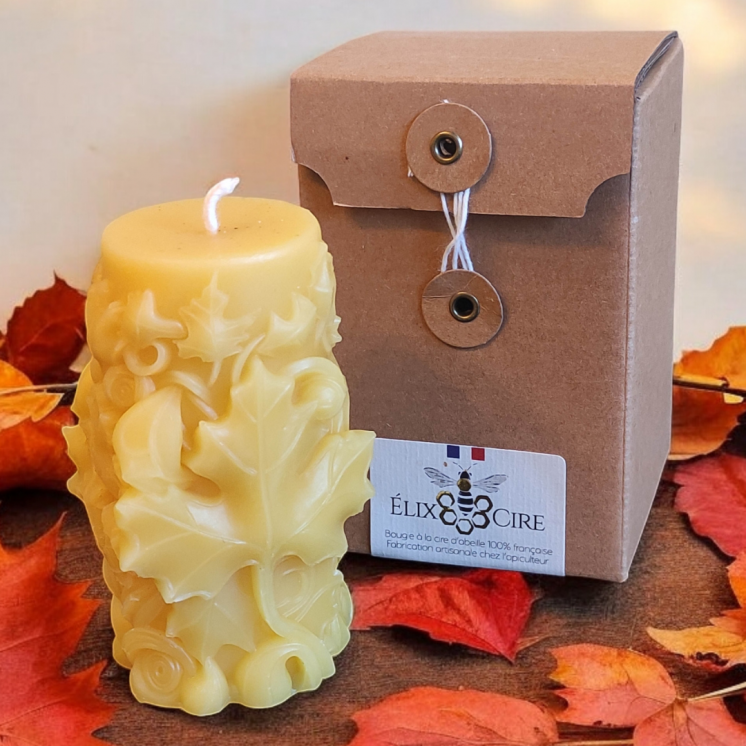 Bougie artisanale cire d'abeille feuilles avec coffret