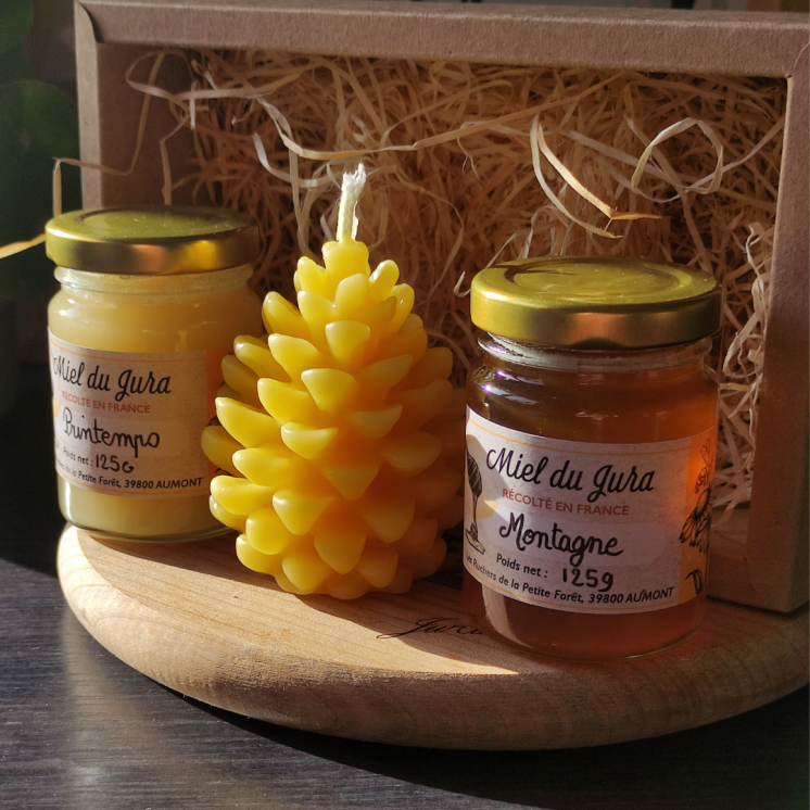 Coffret cadeau 2 miels et bougie cire abeille