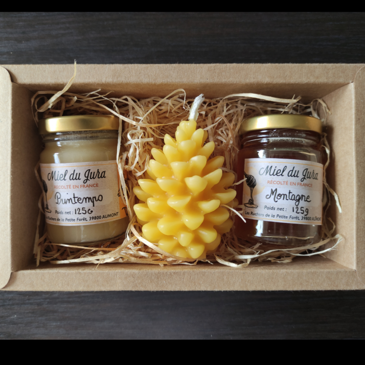 coffret cadeau 2 miels et bougie en cire d'abeille
